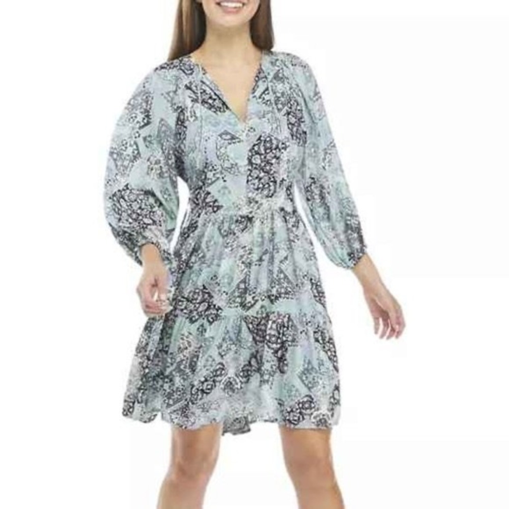 patchwork Tiered Calvin Klein Midi Dress Womens 10 Blue Mint Long Sleeve